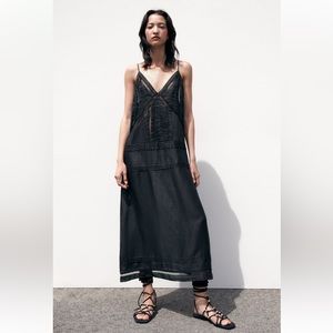 Zara LACE INSERT RAMIE DRESS. Black. Size S. New with Tags.